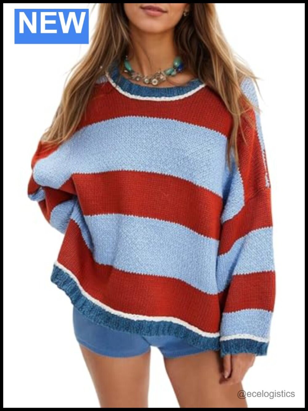 Chunky Knit Striped Oversized Pullover Sweater Long Sleeve Crew Neck